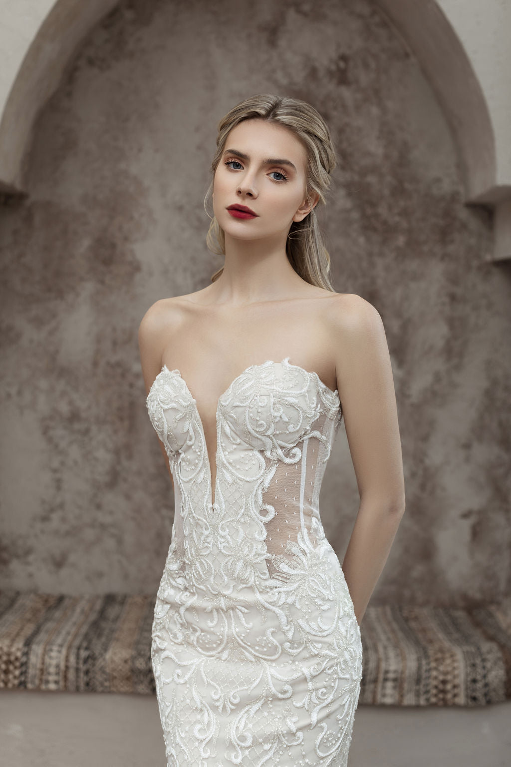 strapless wedding dress - sparkly wedding dress - lace wedding dress - deep v neckline
