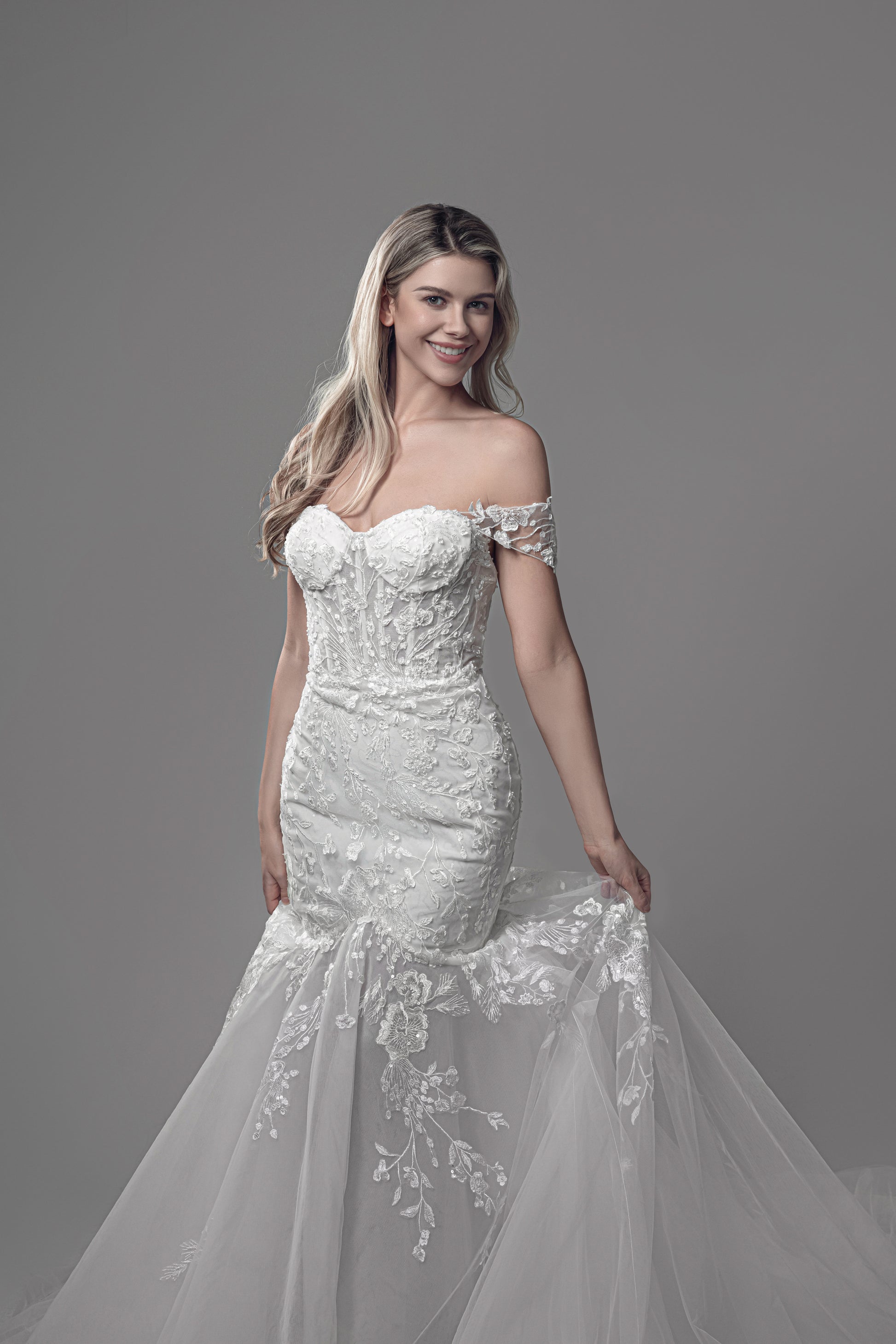 romantic wedding dress - organza wedding dress - off shoulder straps - toronto wedding dress - canadian brdal designer 